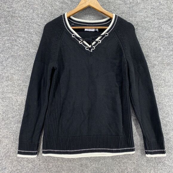Calvin Klein Sweater Pullover Women M Medium Black Knit V-Neck Long Sleeve - Picture 1 of 9